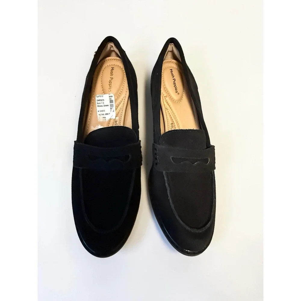 Hush Puppies Women's Lolly Black Loafer Heels Suede Leather Size 7.5 NWOB